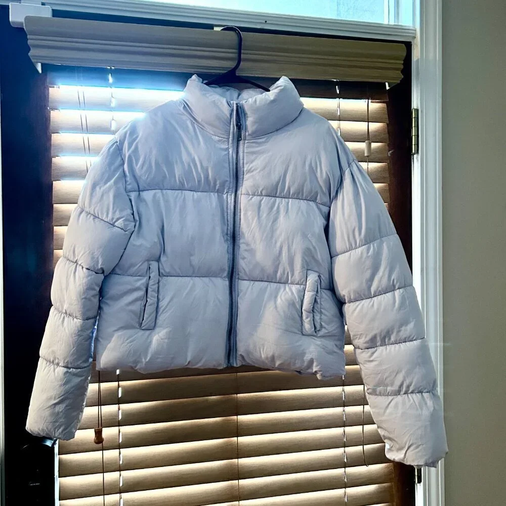 Double Zero Lilac Quilted Puffer Jacket Coat Women Size Medium Cropped High Neck